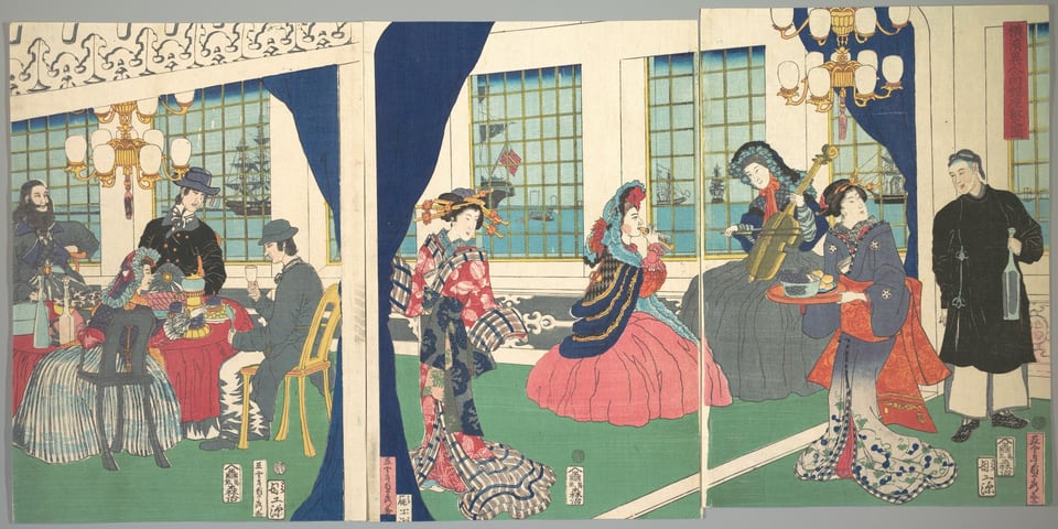 Foreigners in the Drawing Room of Foreign Merchant's House in Yokohama, by Utagawa (Gountei) Sadahide, 9th month, 1861