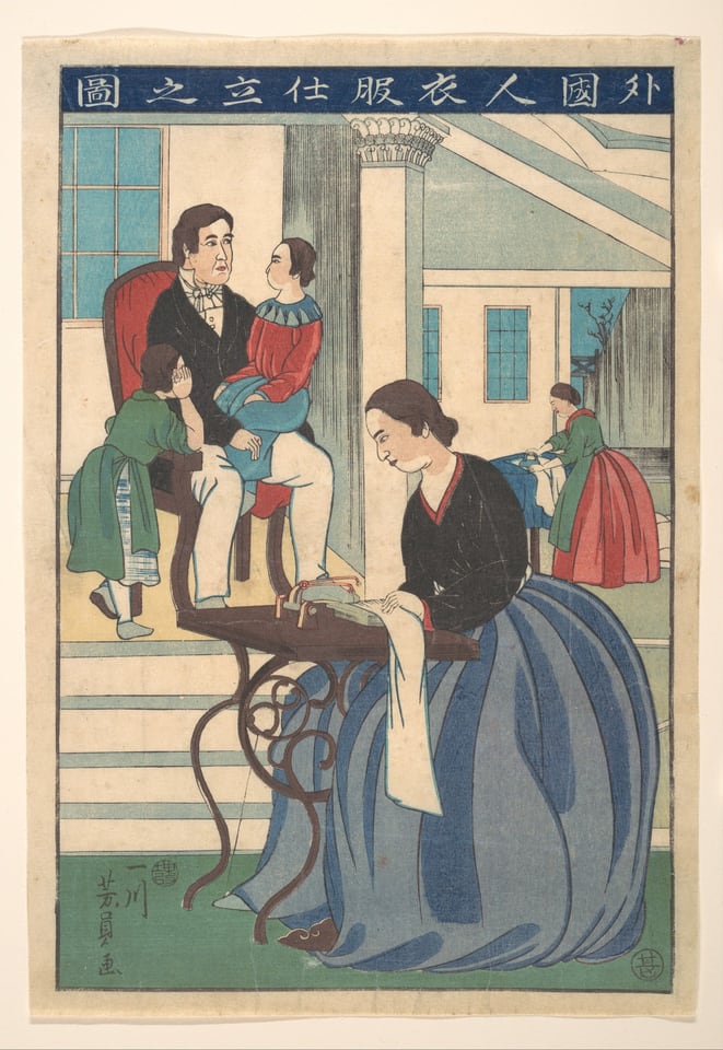 Foreign Family with Wife Making Clothes (Gaikokujin ifuku shitate no zu), by Utagawa Yoshikazu, 1860