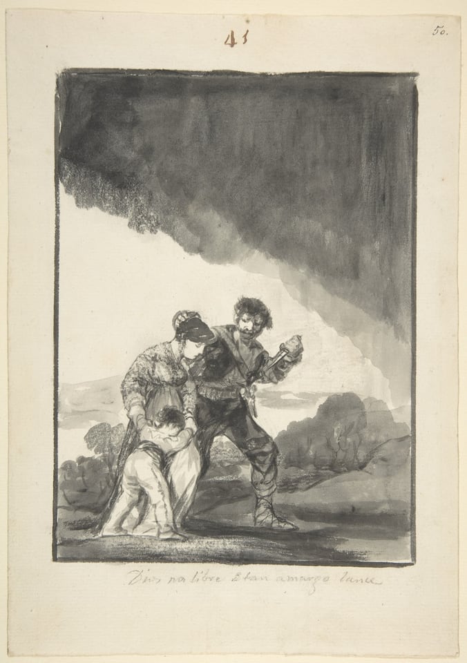 God save us from such a bitter fate; a bandit threatening a woman and a child with a knife, page 41 from the "Black Border Album" (E), by Francisco Goya, ca. 1816–20