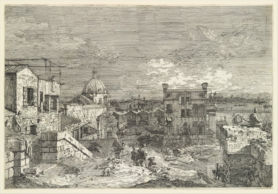 Imaginary View of Venice, houses at left with figures on terraces, a domed church at center in the background, boats and boat-sheds below, and a seated man observing from a wall at right in the foreground, from "Views" (Vedute altre prese da i luoghi altre ideate da Antonio Canal), by Canaletto, 1741